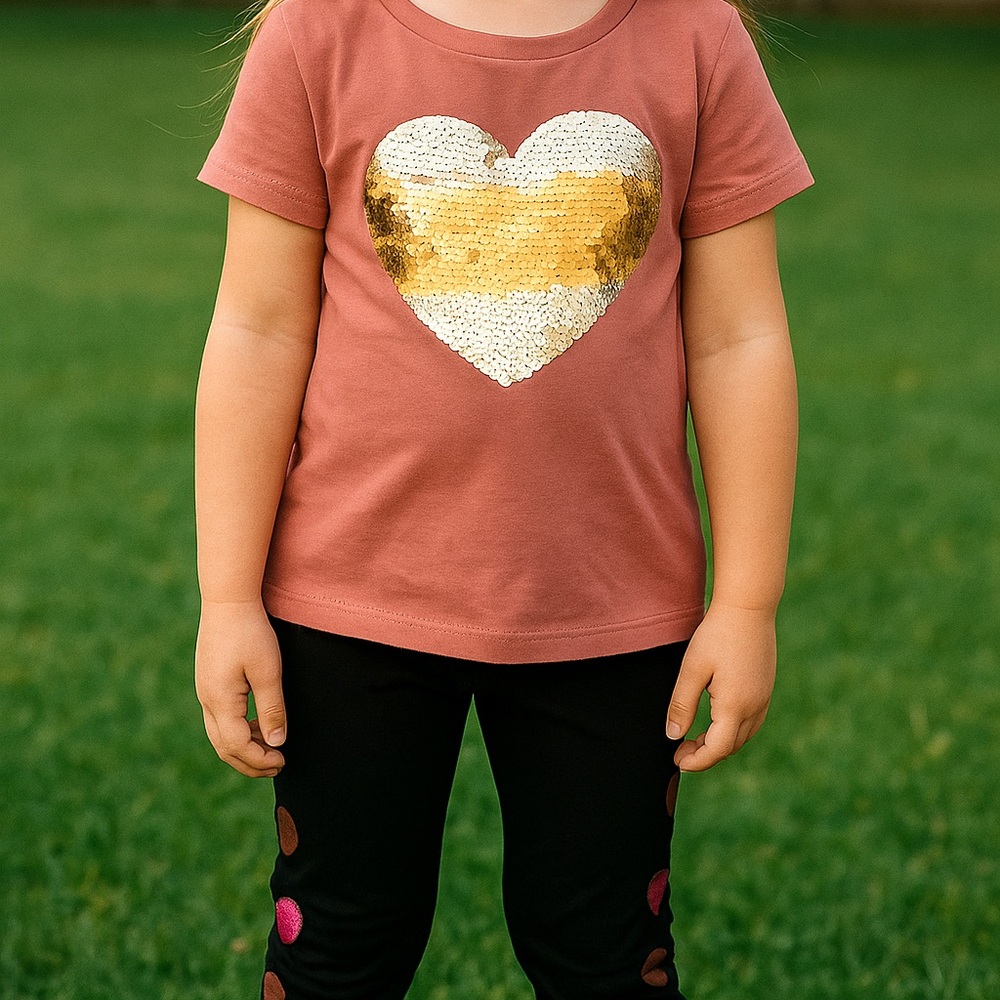 Heart Sequin Kids T-Shirt - Pink and Gold